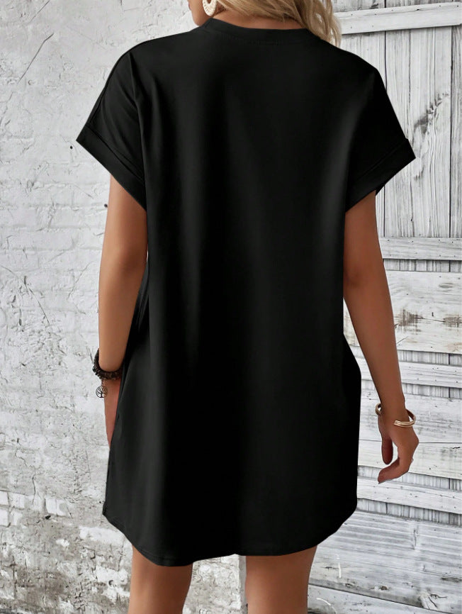 new european and american style solid color loose-fit short sleeve dress - summer casual round neck pocket design women's clothing
