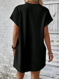 new european and american style solid color loose-fit short sleeve dress - summer casual round neck pocket design women's clothing