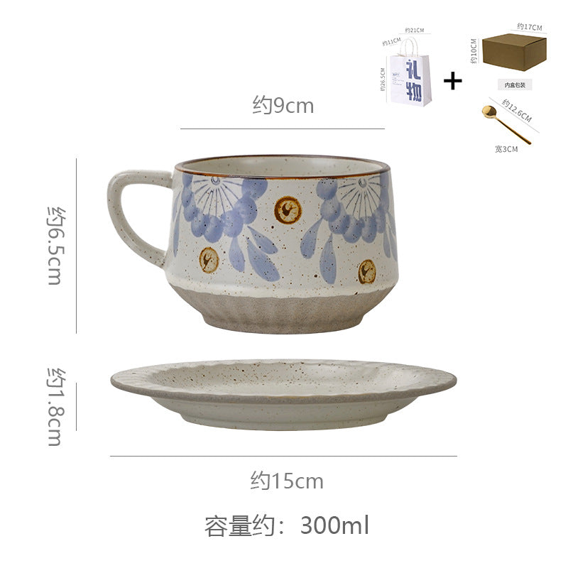 Vintage rustic pottery coffee cup and saucer set - hand-painted underglaze ceramic coffee cup - premium drinking cup - birthday & housewarming gift