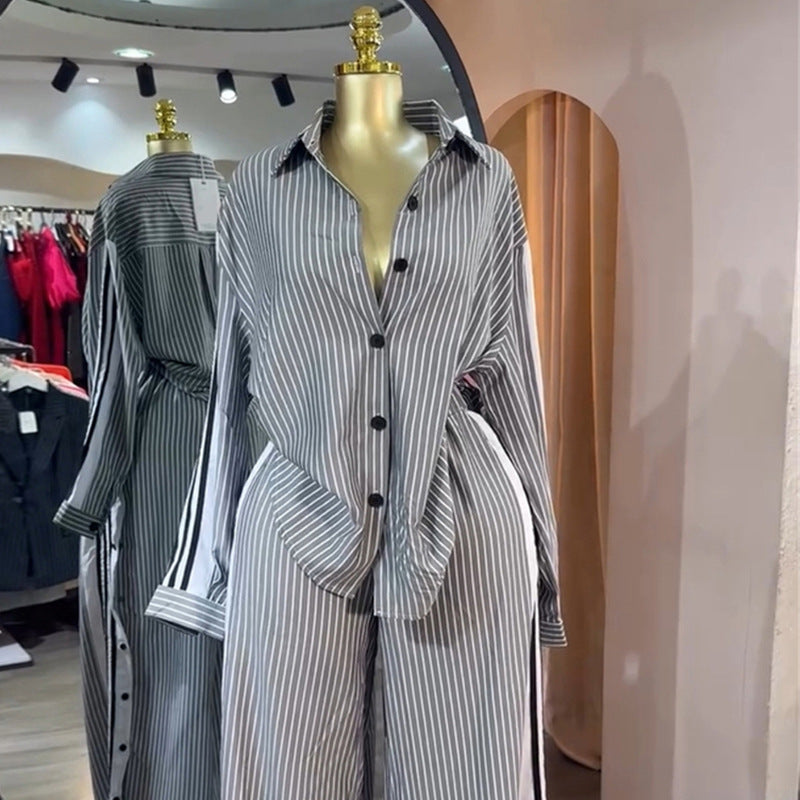 European and american cross-border women's fashion:  autumn new collection - stylish notch collar striped long sleeve shirt and high-waisted wide leg pants set