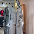 European and american cross-border women's fashion:  autumn new collection - stylish notch collar striped long sleeve shirt and high-waisted wide leg pants set