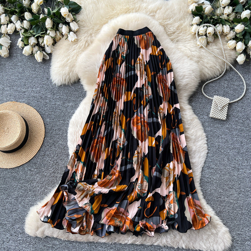 French printinghigh waistslimming looka-line pleated skirt women's summer midi skirt vacation style elegant work clothing skirt