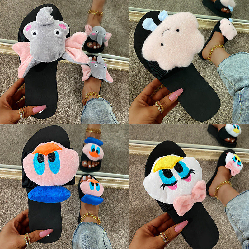 Plus size women's slippers for export, spring/summer 2024 new collection: elephant-themed chunky platform wedge slides, cartoon casual flip-flops