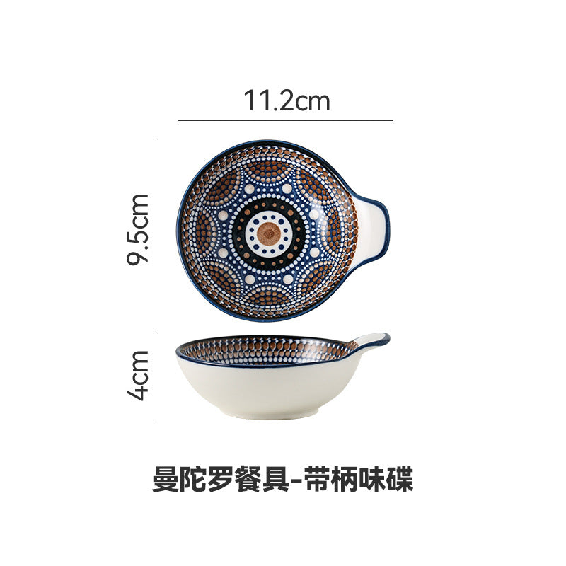 Creative bohemian style bowl and plate set - underglaze color home ceramic tableware - exotic double-handled plate