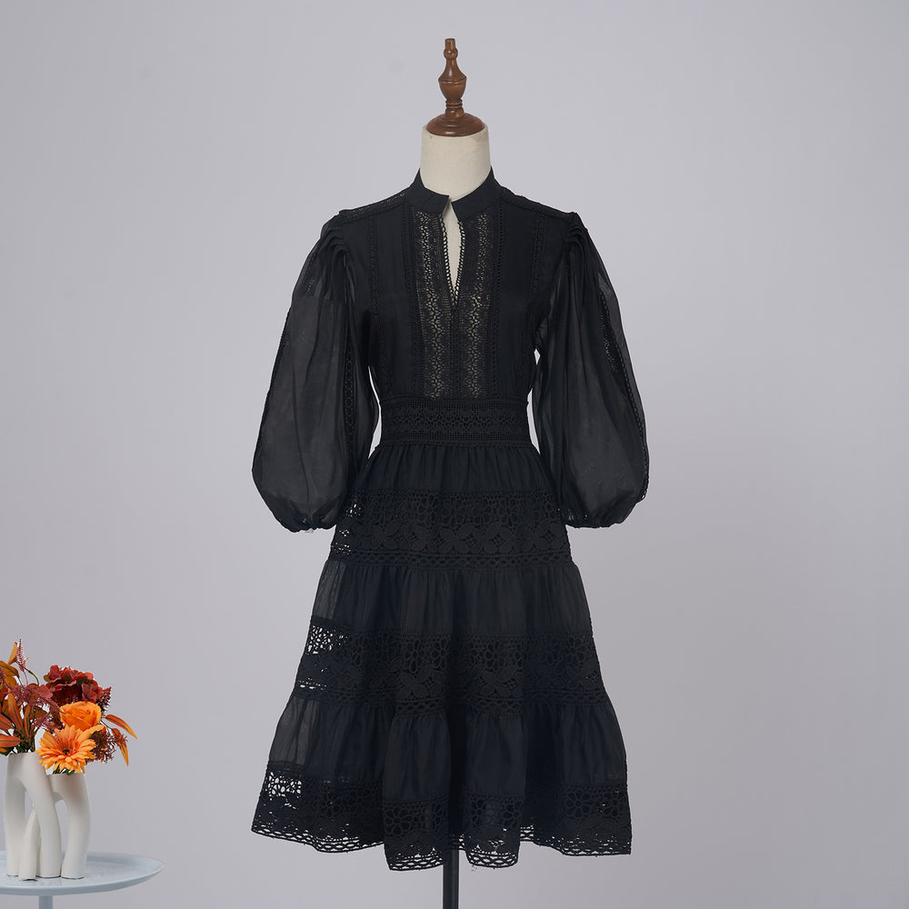 export solid color organza dress with semi-open collar, lantern sleeves, mid-sleeve, lace patchwork, and cinched waist mini dress