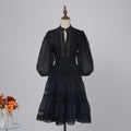 export solid color organza dress with semi-open collar, lantern sleeves, mid-sleeve, lace patchwork, and cinched waist mini dress