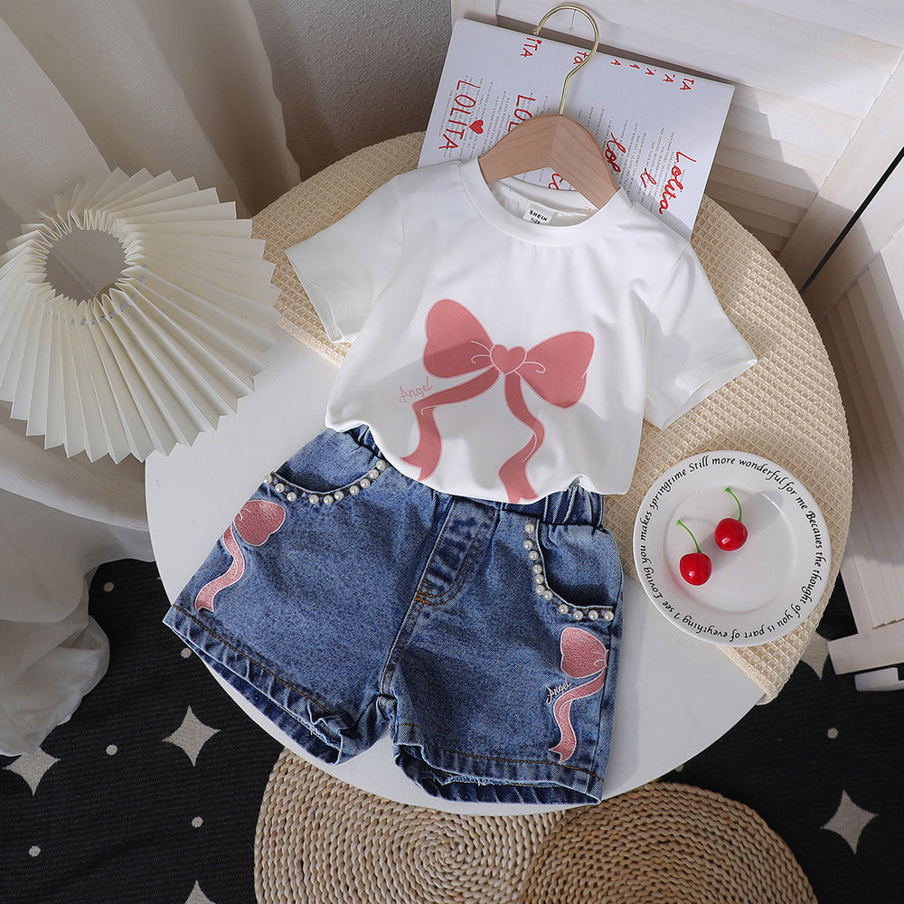 new cross-border girls' round neck printed knit top and denim beaded embroidered jeans two-piece set