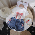 new cross-border girls' round neck printed knit top and denim beaded embroidered jeans two-piece set