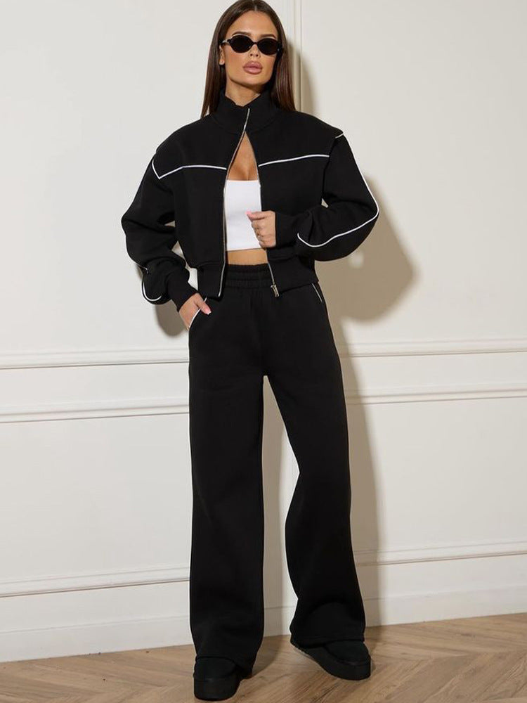 European and American new women's clothing casual long-sleeved line zipper cardigan trousers two-piece set women's fashion sports suit