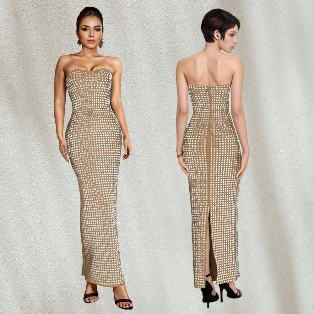 C7162 cross-border   fashion women's off-shoulder rhinestone bodycon slit bodycon dress