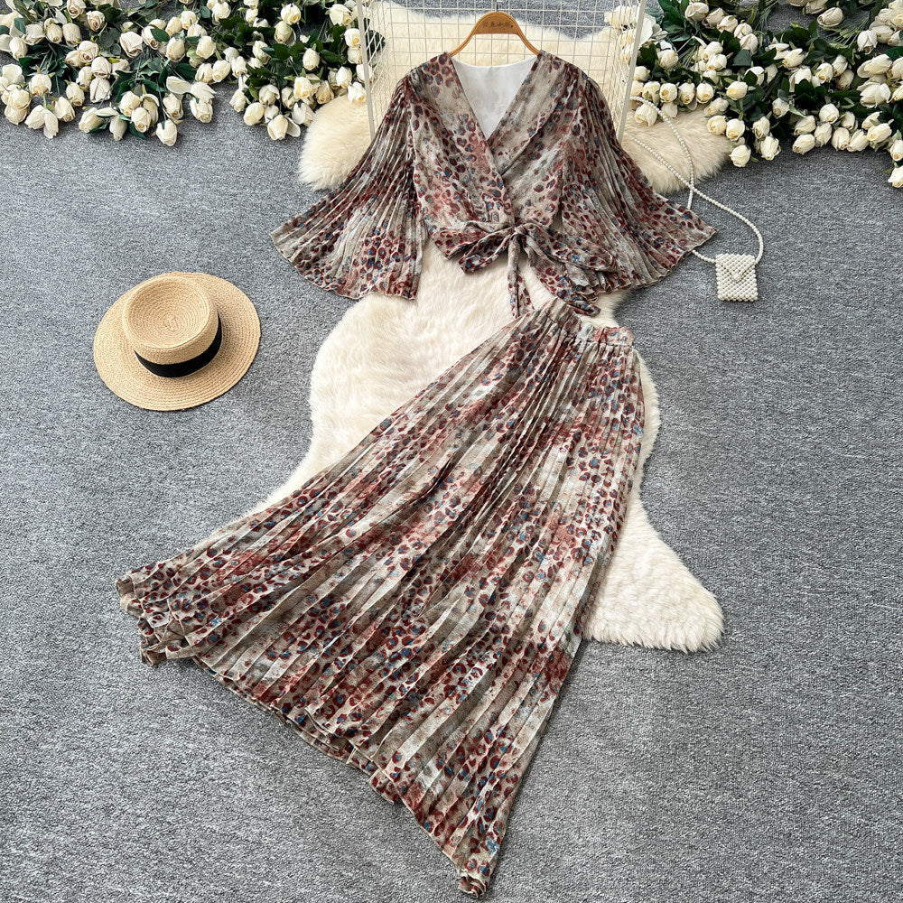 French romantic leopard print two-piece set for women - autumn v-neck, slim fit, high-end purple elegant outfit