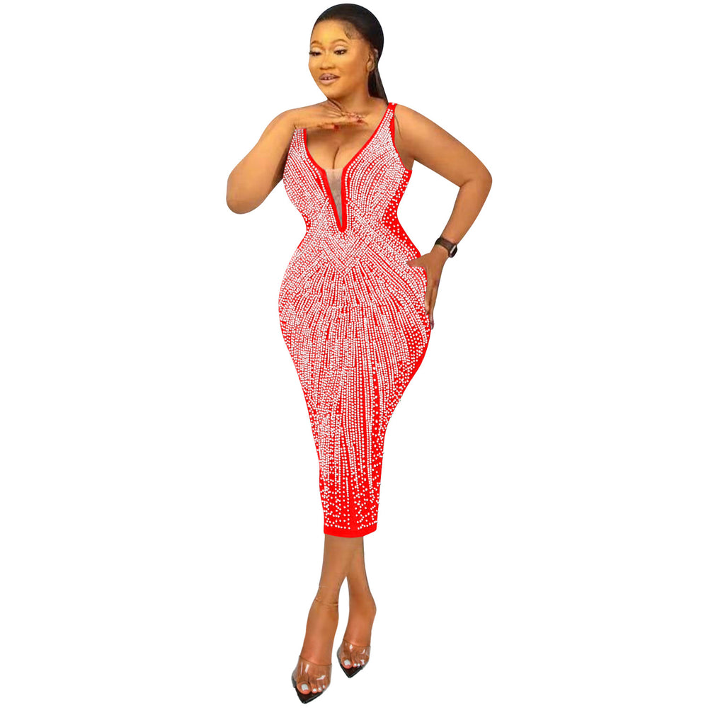 C5808 cross-border new arrival:  &  fashionable women's sexy bodycon v-neck rhinestone embellished camisole dress for us & european markets