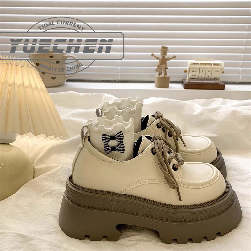 PLOVER platform muffin small leather shoes women's 2024 spring and autumn new versatile retro British style lace-up skirt shoes