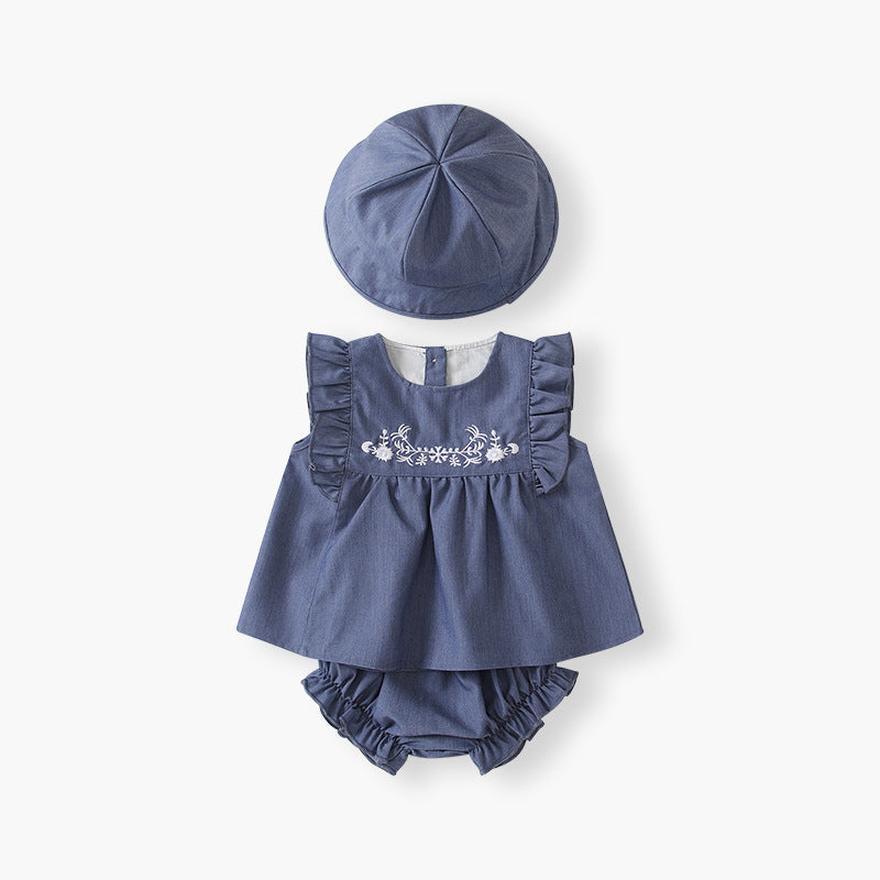 Girls' summer clothing  new korean style hooded three-piece set kids' outfit flutter sleeve embroidered baby set
