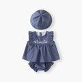 Girls' summer clothing  new korean style hooded three-piece set kids' outfit flutter sleeve embroidered baby set