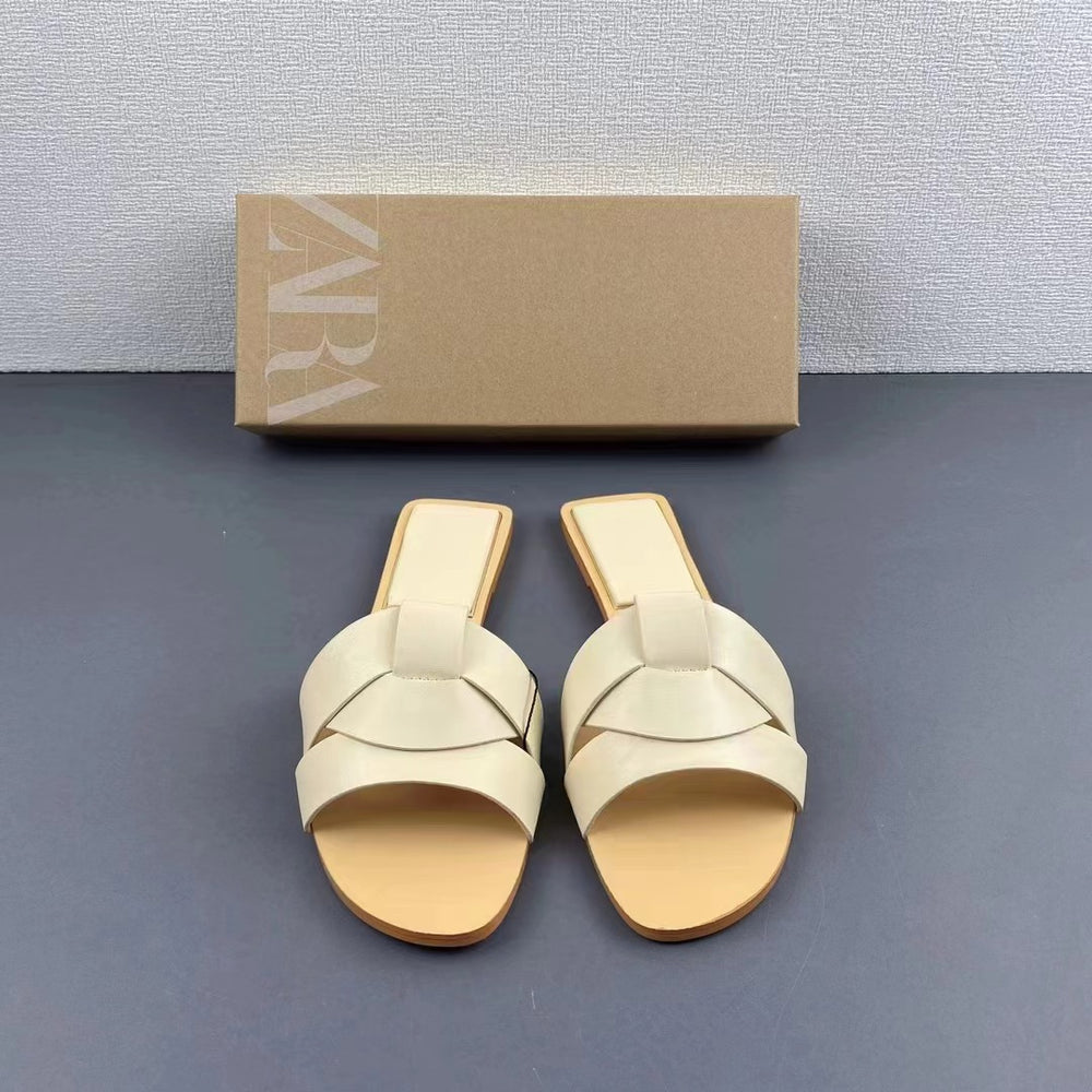 Za2024summernew arrival women's shoes flats cow leather sandals one strap sandals open toe back empty beach shoes outwear