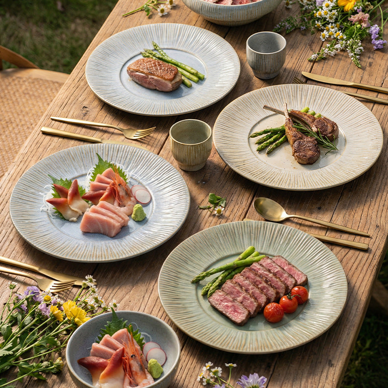 Embossed irregular ceramic steak plate - stylish, high-value, retro striped dinnerware for restaurants and hotels