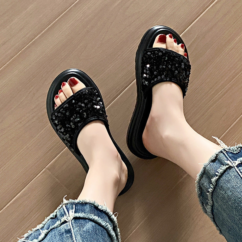 Thick sole sandals and slippers for women new arrivalsummeroutwearclassy sense exquisite sequinplatform shoes bottom women's slippers