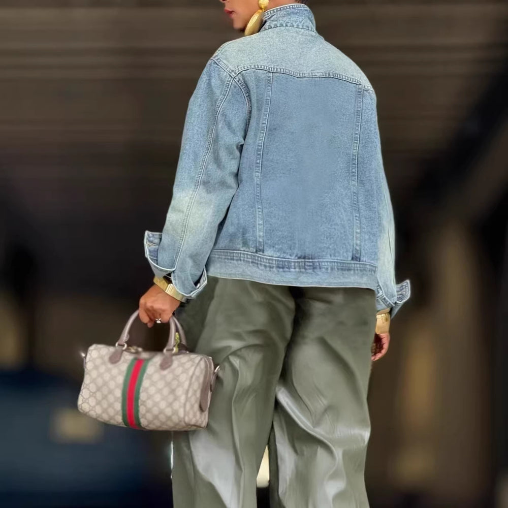 cross-border independent station  street motorcycle washed stand collar denim short jacket loose denim outwear