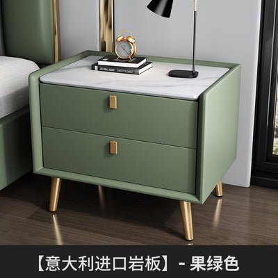 Modern minimalist bedroom nightstand - microfiber leather, sintered stone top, solid wood frame, new design with drawer storage, smart enabled