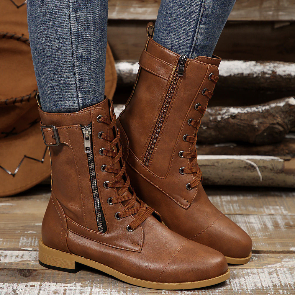 Exportplus sizefashionflatscasual round toe fashionboots belt buckle knee sockspure color  leather boots