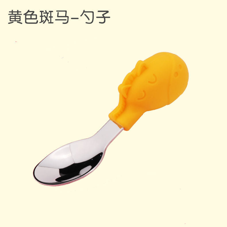 Wholesale baby stainless steel cutlery set: short-handled forks, spoons, silicone plates, and feeding utensil set for infants and toddlers