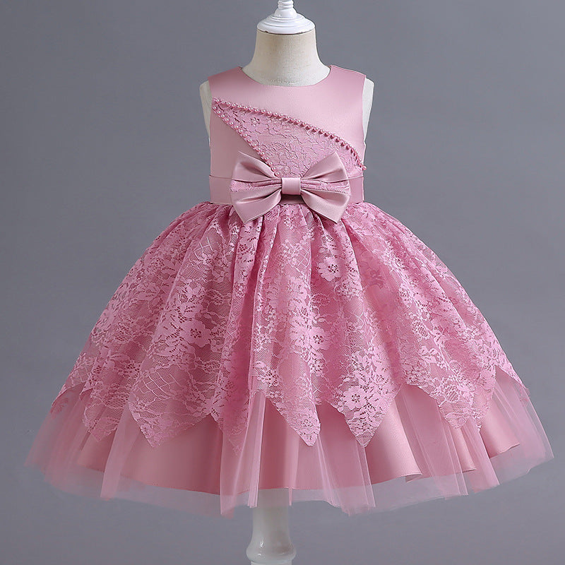 Ready-to-ship wholesale children's formal dresses, beaded floral patterned princess dresses for girls, perfect for everyday wear, birthdays, and banquets, made with satin fabric