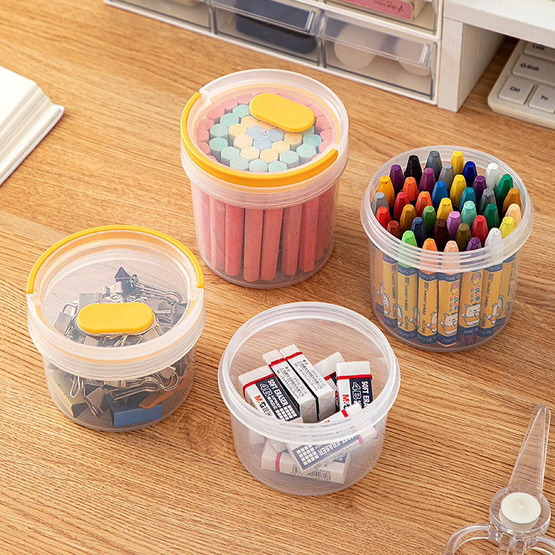 Desktop round handheld pen holder storage box with lid transparent plastic multi-functional desk sundries stationery storage box