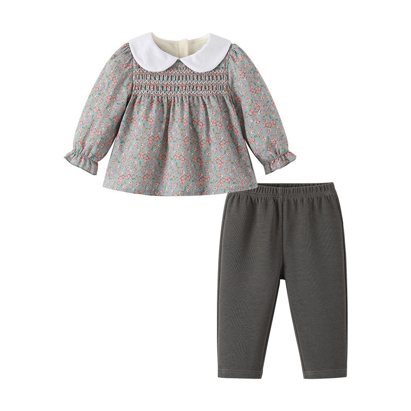 Girls' autumn two-piece outfit:  new collection, floral print long-sleeve collared dress set for kids