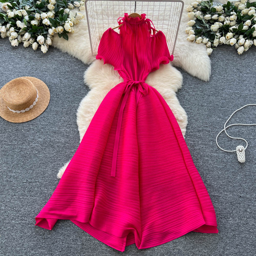 European and american style high-end short-sleeve dress for women - autumn off-the-shoulder ruffle stand collar tie-waist design - mature woman maxi dress