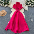 European and american style high-end short-sleeve dress for women - autumn off-the-shoulder ruffle stand collar tie-waist design - mature woman maxi dress