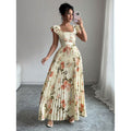 Women's rose print flutter sleeve pleated midi dress - casual & elegant spring/summer outfit for vacation