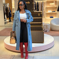 Fashion cross-border women's clothing  women's loose denim windbreaker longoutwear street long sleeves belt long windbreaker