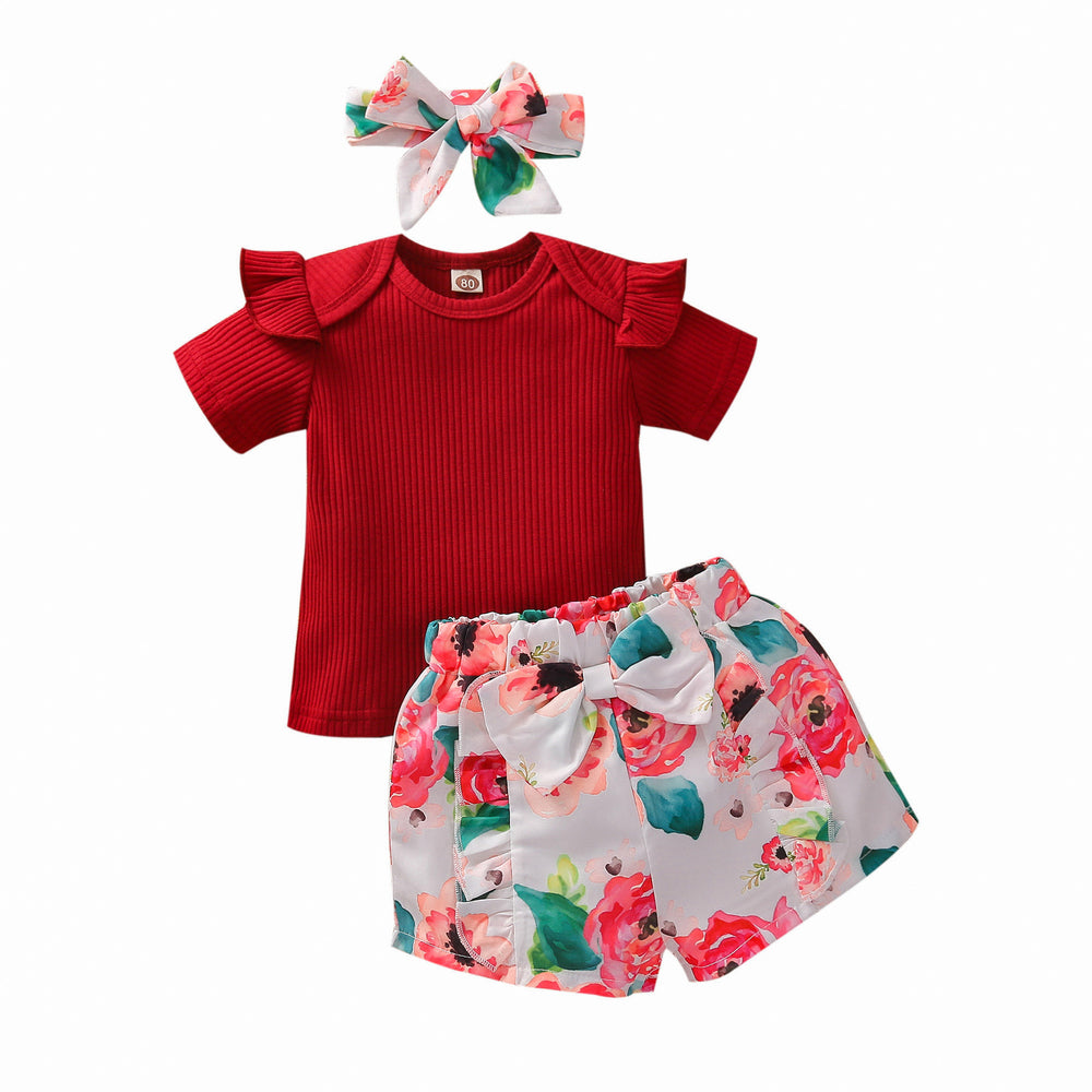 hot-selling summer ribbed, skin-friendly girls' floral print pants and top set. available in multiple colors. 100% cotton