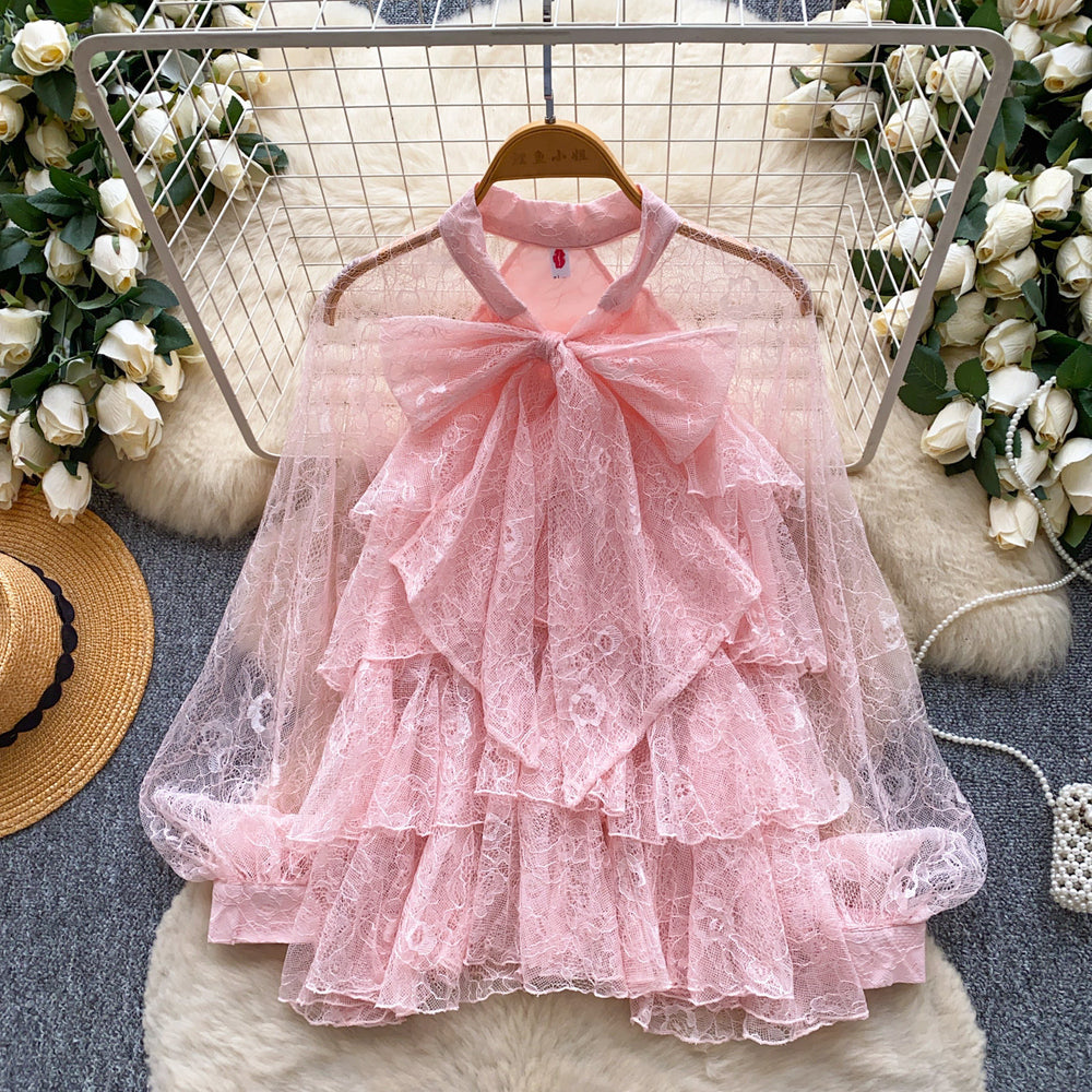 French chic lantern sleeve blouse -  spring collection: ruffle trim, butterfly collar design, elegant and sophisticated top
