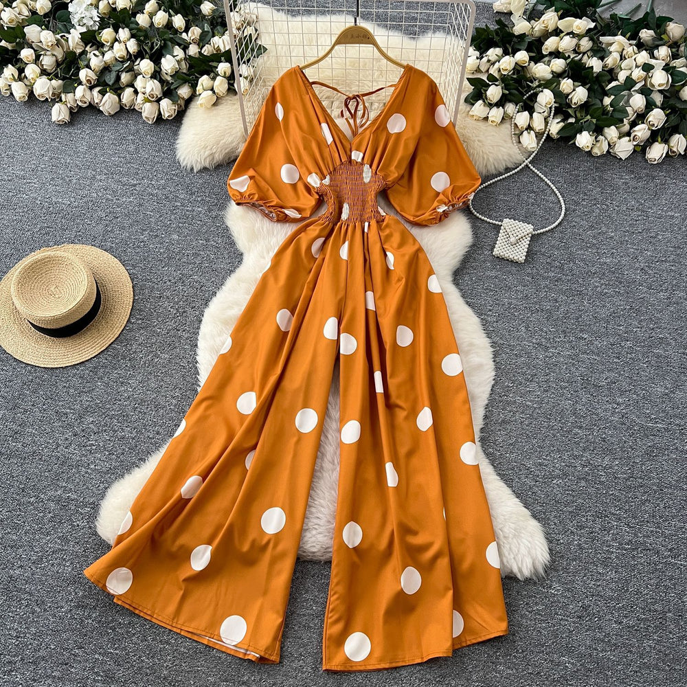 Fashion style polka dot puff sleeve jumpsuit women's summerv neck waist loose wide leg fried street elegant royal sister pants