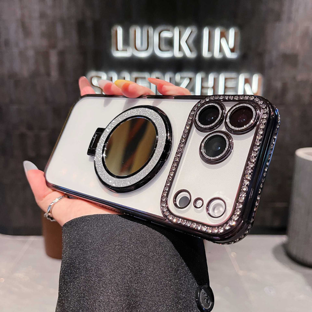 Luxury rhinestone-embellished frame case for iphone 17 pro max, apple 16 glitter mirror magnetic stand case