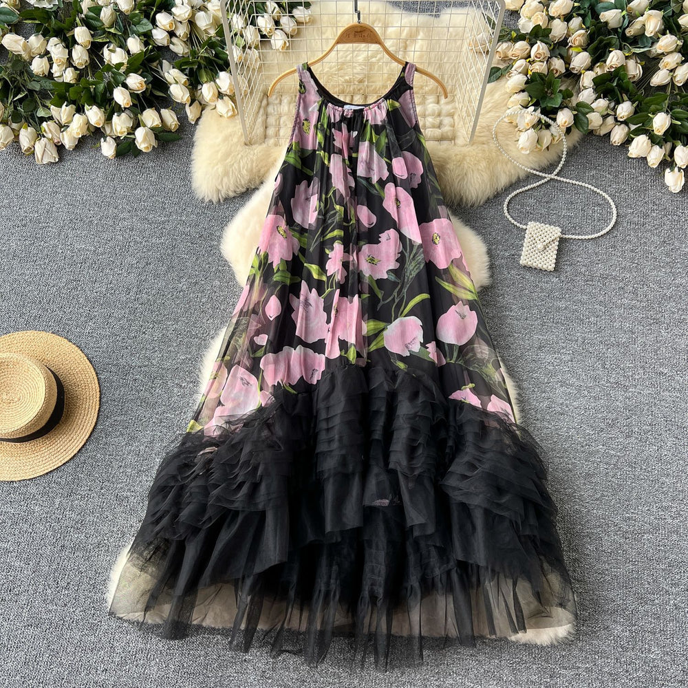 French retro court style fashionable printed patchwork mesh puffy irregular ruffle hem dress for women