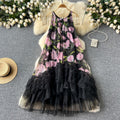 French retro court style fashionable printed patchwork mesh puffy irregular ruffle hem dress for women