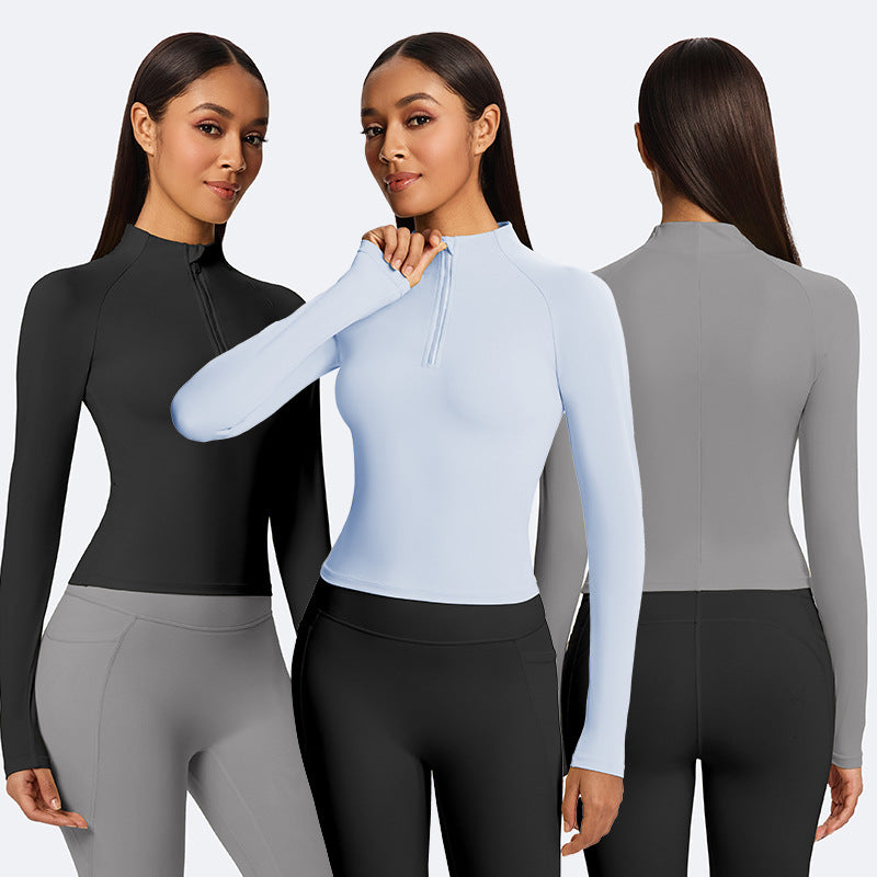 Jinke fall and winter stand-up collar yoga clothes running slimming looklong sleeves half-zip sports tops women's silm elastic fitness clothes