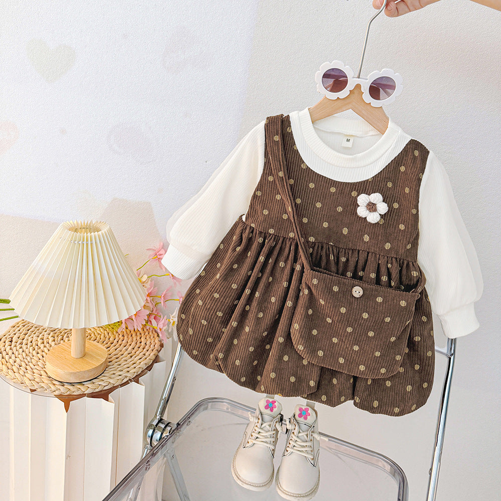 Girls' autumn dress  new korean style chic two-piece look dress for toddlers and young children, perfect for baby girls' first birthday and princess outfits