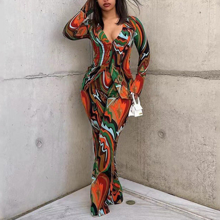 Printed deep v sexy blouse and wide-leg pants two-piece set - women's  european and american autumn fashion casual outfit