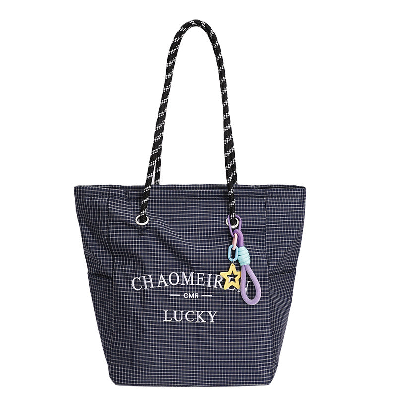 Korean style minimalist canvas tote bag for women, 2025 new arrival, super popular large capacity tote, plaid striped versatile shoulder bag