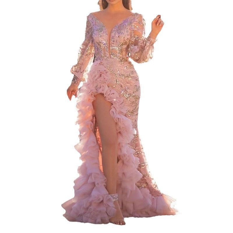 spring/summer new european and american style sexy hip-hugging sequined pink long mesh evening gown with train