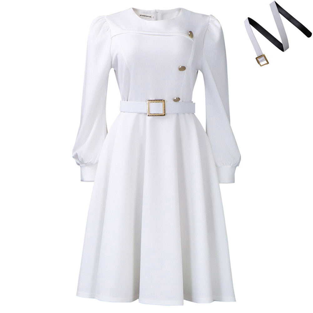 D3349 european and american cross-border new round neck long sleeve high waist a-line dress elegant party solid color foreign trade african dress