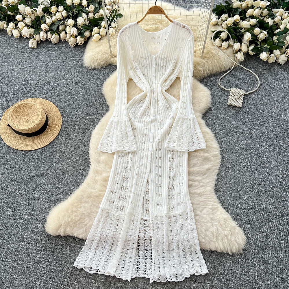 Classy sense cut out crochet bell long sleeves knittingdress female heart v neck single breasted cardigan waist long skirt