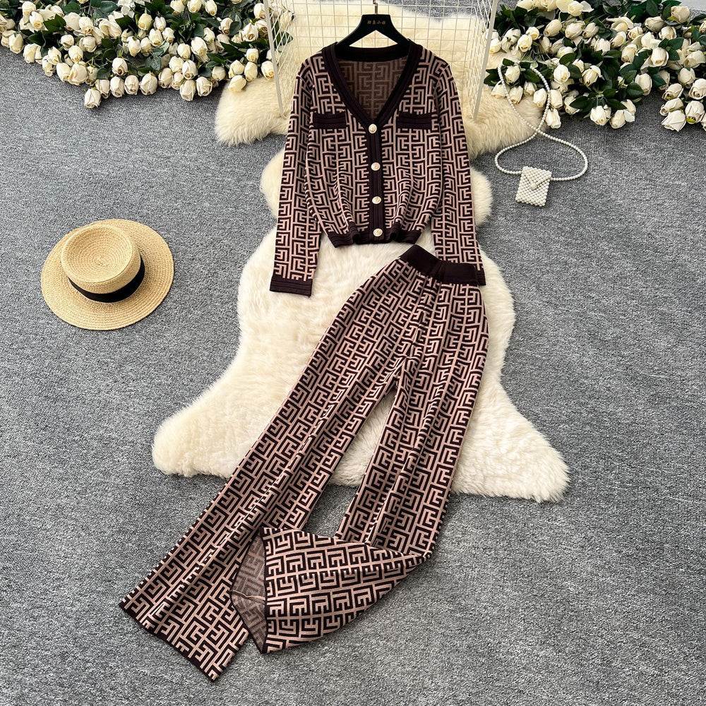 European and american chic women's autumn outfit: high-end v-neck long sleeve geometric print knit cardigan with high-waisted pants