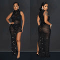 C6718 cross-border   fashion women's solid color mesh rhinestone sleeveless maxi dress