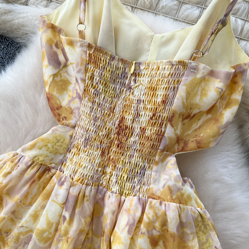 Tea break frenchretro floral chiffon dress women's  spring sexycut out halter suspender vacation long dress