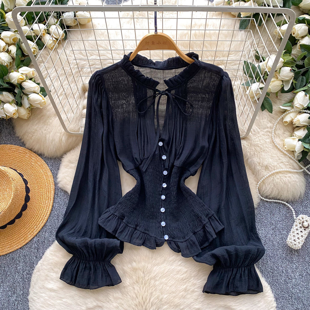 French court style ruffle-trimmed bell sleeve chiffon blouse - women's summer, elegant, and figure-flattering top with tie waist
